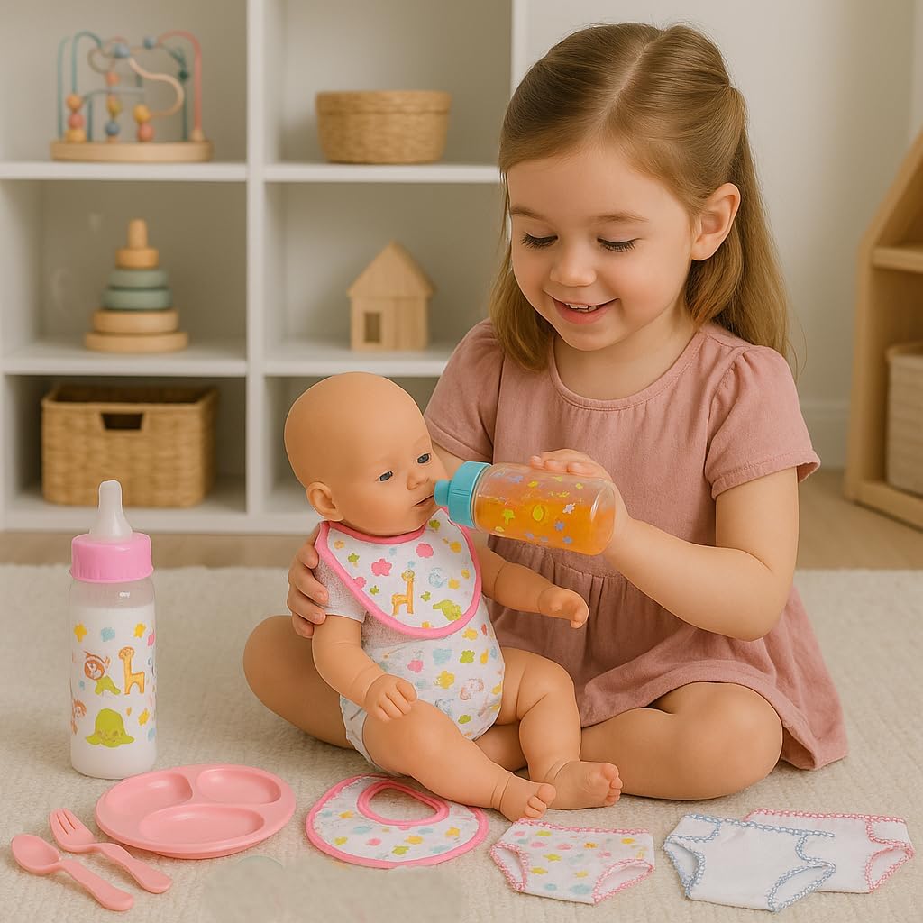 My Sweet Baby 13-Piece Doll Feeding & Diaper Bag Set – Disappearing Milk Bottles, Bibs, Pacifiers, Diapers & Accessories Set – Pretend Play Baby Doll Care Kit for Girls – Fits 12–18″ Dolls
