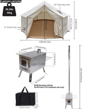 DANCHEL OUTDOOR B6 4 Season Glamping Wall Tent w/Large Wood Stove Camping, No Center Pole, Higher Side Wall, 900D Flame Retardant Oxford for 4 Person Yurt Cabin Tent,13ft/4m