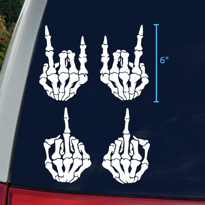 Skeleton Hands 4 Pack: Rock on Skeleton Hand Left and Right, Rock N Roll Gesture Decal, Skeleton Finger Decals (Large ~6", White)