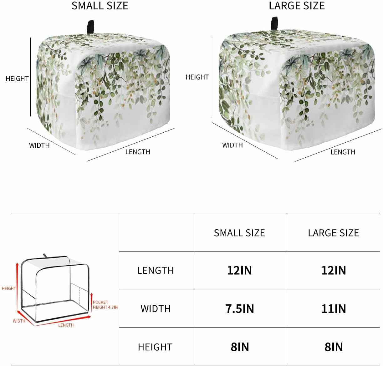 Sage Green Leaves 4 Slice Toaster Cover, Small Appliance Dustproof Fingerprint Protector, Machine Washable Eucalyptus