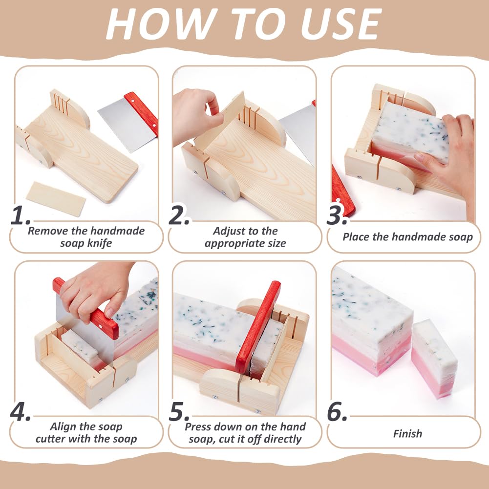 BENECREAT Soap Cutting Tool Sets, Adjustable Pine Wood Soap Molds with Stainless Steel Cutter for Handmade Soap Making Candles Trimming DIY Cutting Making