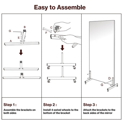 BRIVUE 81" x 41" Standing Mirror Full Length with Wheels, Large Glassless Rolling Mirrors with Brakes, Shatterproof HD Imaging Thin Frame Full Body Mirror for Dance Studio/Home Gym, Silver