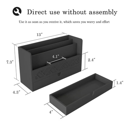 Bamboo Mail Organizer Countertop Desktop with Drawer - Desk Organizer with File Organizer for Office Supplies All-in-One Desk File Organization with Pencil Holder for Paper Letter Envelope Bill