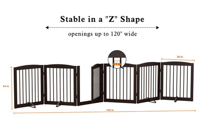 PUPETPO Freestanding Pet Gates with Walk Through Door, Dog Indoor Fence, Dog Gate for The House, Doorway, Stairs, Extra Wide Pet Gate, Support Feet Included, 120 Inch Wide, 6 Panels 24" Tall, Brown