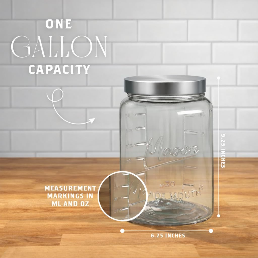 Kitchentoolz Extra Large Mason Jar - 1 Gallon Glass Wide Mouth Jar with Airtight Metal Screw on Lid, Food Storage Container with Measurement Marks For Kitchen Pantry, Pickling, Flour & Sugar Pack of 2