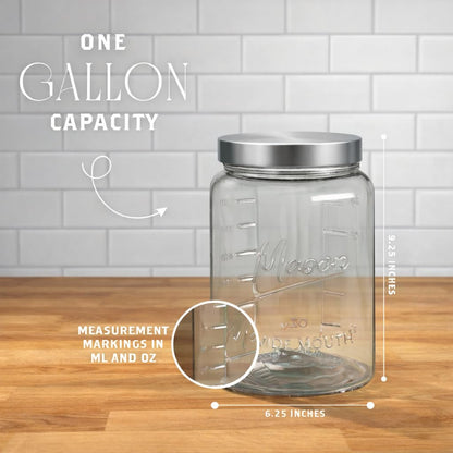 Kitchentoolz Extra Large Mason Jar - 1 Gallon Glass Wide Mouth Jar with Airtight Metal Screw on Lid, Food Storage Container with Measurement Marks For Kitchen Pantry, Pickling, Flour & Sugar Pack of 2