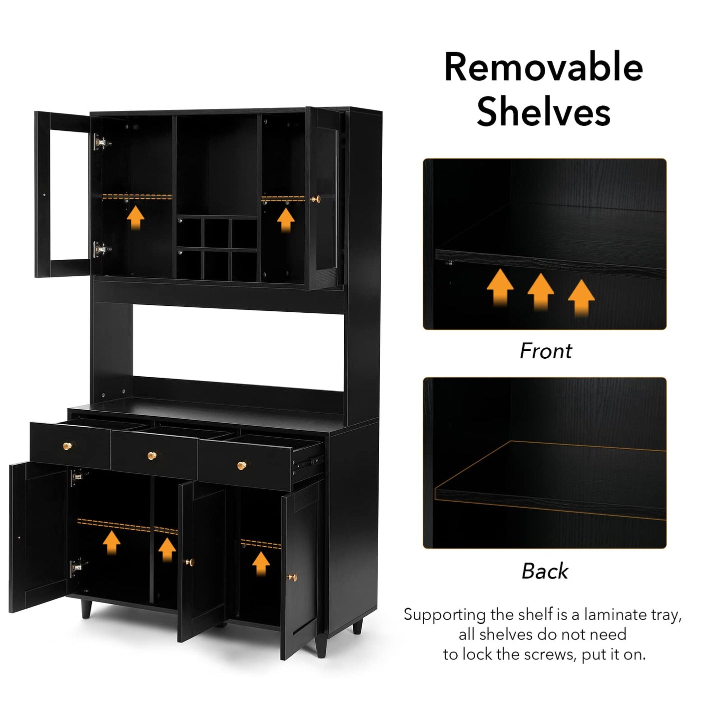 VOWNER 71" Traditional Freestanding Kitchen Pantry Storage Cabinet, Pantry Cabinet with 3 Drawers and 5 Storage Cabinets, Black