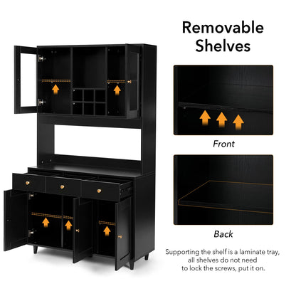 VOWNER 71" Traditional Freestanding Kitchen Pantry Storage Cabinet, Pantry Cabinet with 3 Drawers and 5 Storage Cabinets, Black