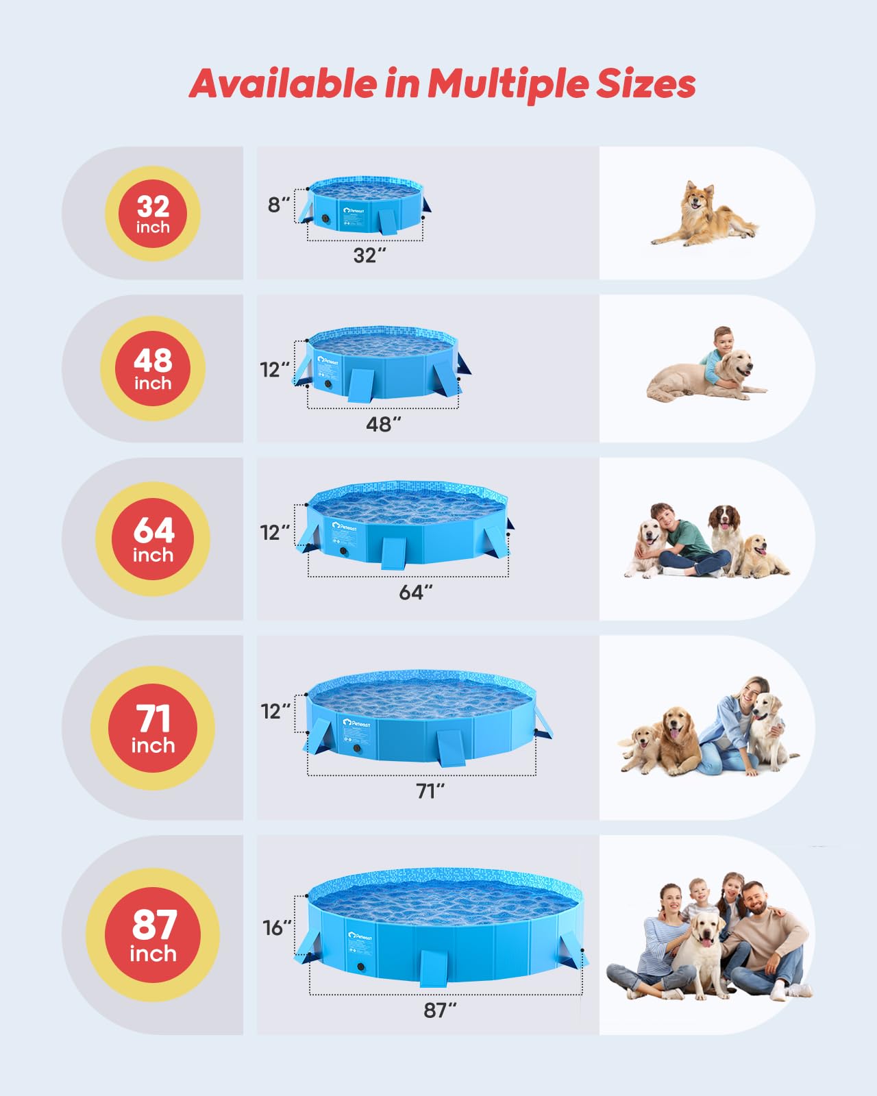 Peteast Foldable Dog Kiddie Pool with Stable Side Support, Hard Plastic Shell Portable Dog Pool, Collapsible Swimming Pools for Pet and Kids, 64 in