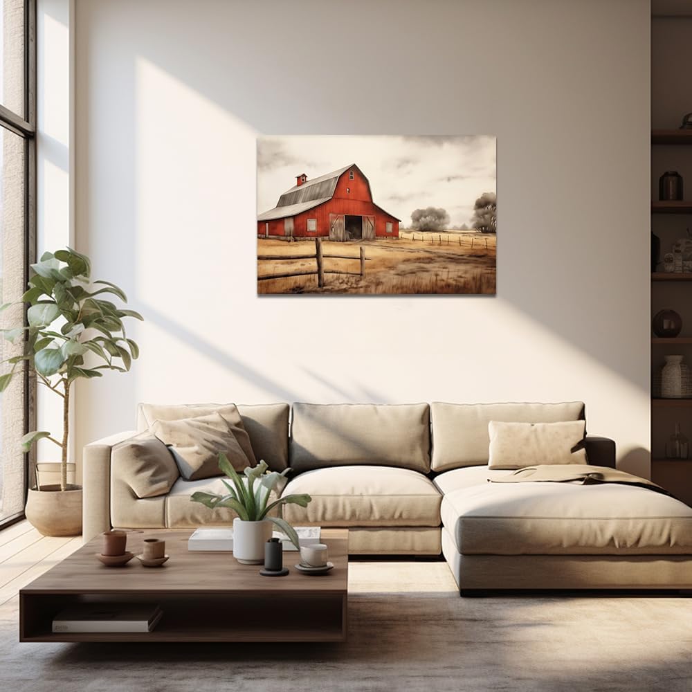 QIXIANG Old Barn Picture Wall Decor - Red Barn Canvas Print Rustic Scenery for Farmhouse Bathroom Decor