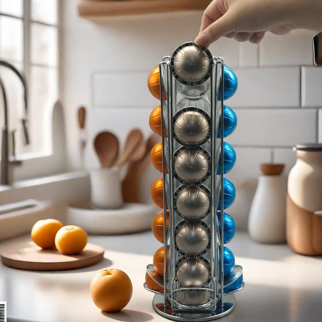Coffee Capsule Holder for Nespresso Vertuoline, Rotating Pod Rack Holds 28 Nespresso Vertuo Pods (Silver)