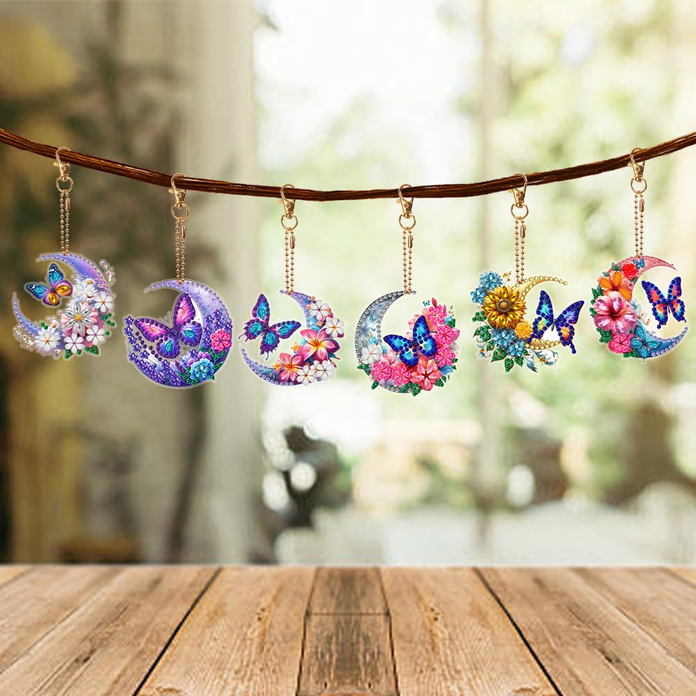 C'eitura 6Pcs Moon & Butterfly Diamond Painting Keychains, Double-Sided Crystal Rhinestone Charms, Mystical Celestial Gifts for Women, Birthday Party Favors