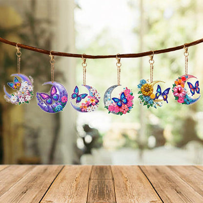 C'eitura 6Pcs Moon & Butterfly Diamond Painting Keychains, Double-Sided Crystal Rhinestone Charms, Mystical Celestial Gifts for Women, Birthday Party Favors