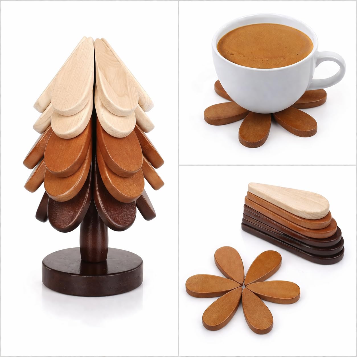 Hinpote Wooden Trivets for Hot Dishes, Trivet Tree Christmas Tree Trivet Coasters Set of 5 for Hot Pot Pans Bowls Drinks Plates, Table Decor Coaster for Home and Restaurant