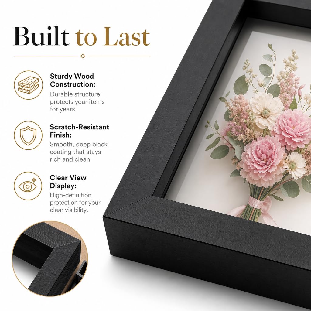4 Pack Shadow Box Frame Display Cases, 8"x 8" Wood Deep Black Handicrafts Shadowbox Picture Frame for Flowers Jersey Baby Wedding Dress (Black)