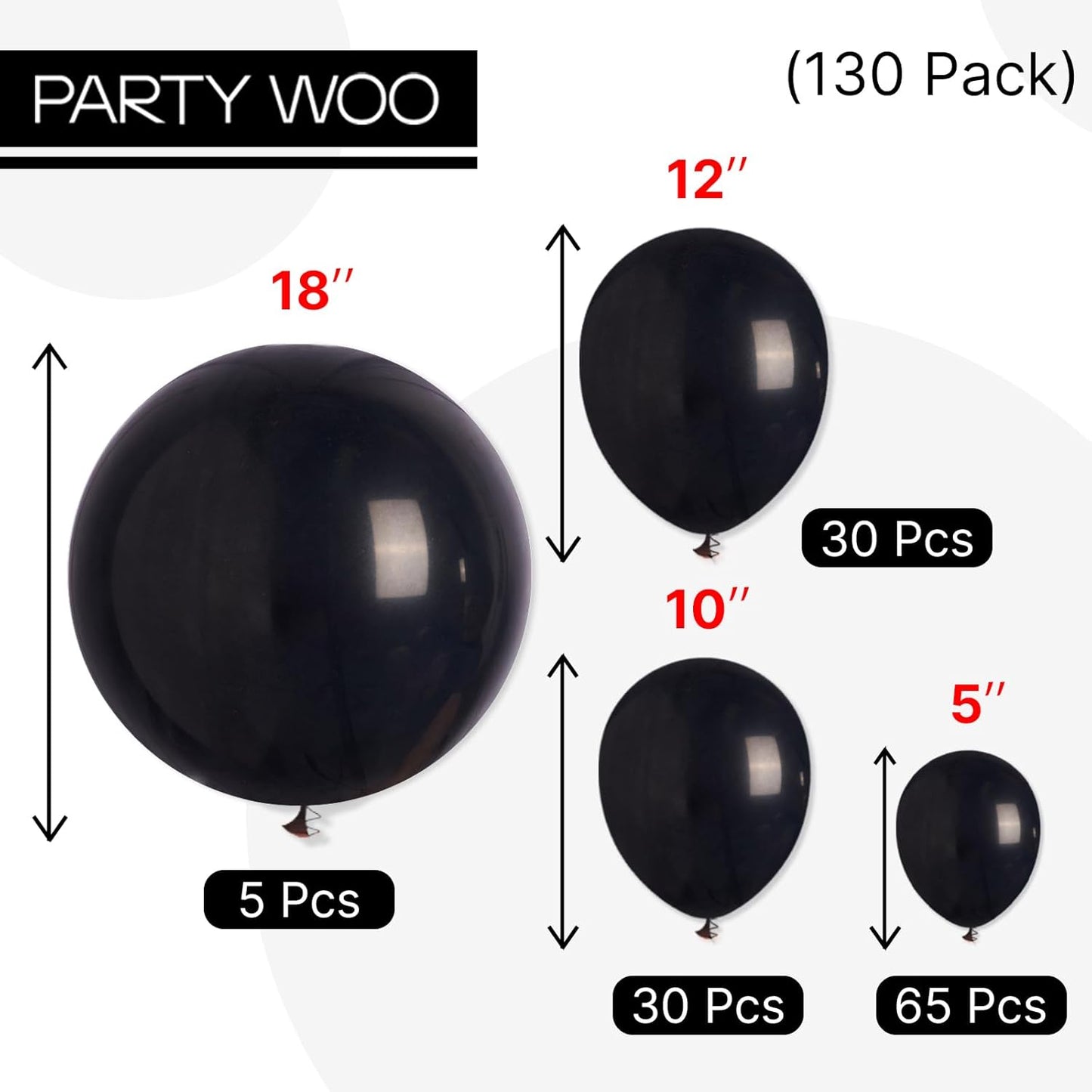 PartyWoo Black Balloons - 130-Piece Arch Kit with Various Sizes for Baby Showers & Birthdays | Black