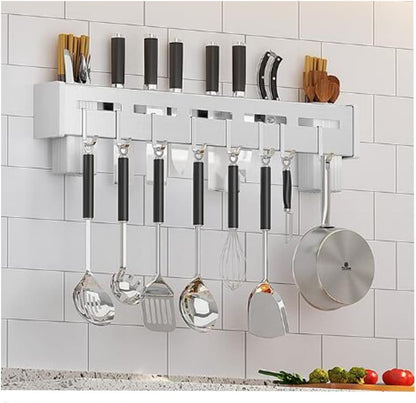 Wall Mount Utensil Holder - 15.7'' Stainless Steel Kitchen Rack with Knife Holder, Towel Bar, and Hooks