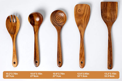 Wood Kitchen Utensils Set, 5 PCs Natural Acacia Wooden Spoons For Cooking for Non-stick Skillet, Utensil set For Cooking With Soup Ladle and Wok Spatulas, Salad fork, Spurtles for Cooking