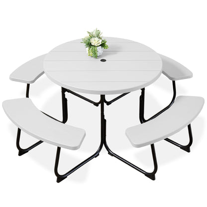 Best Choice Products 8-Person Outdoor Bench Patio Picnic Table, Circular w/ 4 Built-in Benches and Umbrella Hole, 2000lb Capacity - White
