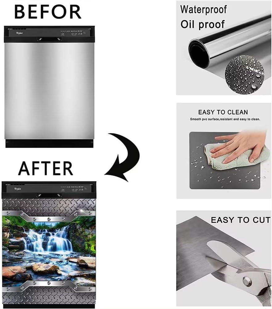 Stainless Steel Style Dishwasher Magnet Cover, Landscape Pattern Refrigerator Door Vinyl Decal, 23" x 26"