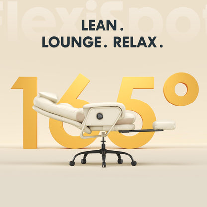 FLEXISPOT Ergonomic Office Chair with Footrest High Back Computer Desk Chairs Indoor Lounge Chair with Wheels 90-165° Reclining Lumbar Support, Chairs for Working Relaxing Cross Legged, Leather, White