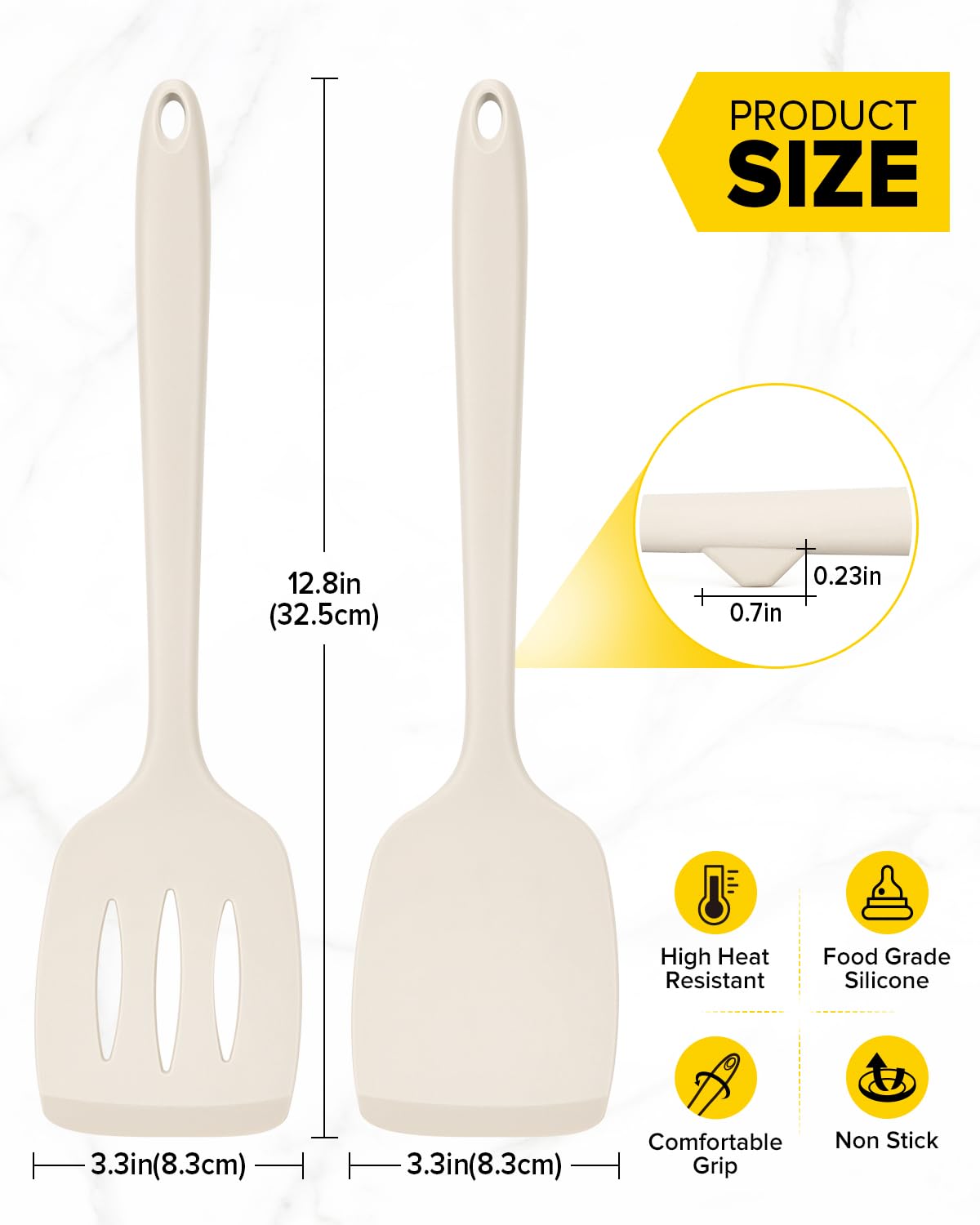 Pack of 2 Silicone Spatula Turners, Non Stick Slotted Kitchen Spatula Set, Heat Resistant BPA Free Kitchen Utensils, One-Piece Design, Suitable for Flipping Fish, Eggs, Steak, Pancakes(KHAKI)