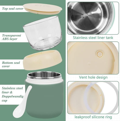 2-Tier Oatmeal Yogurt Containers, Cereal Cup with Lids and Spoon, Stainless Steel Insulated Food Containers