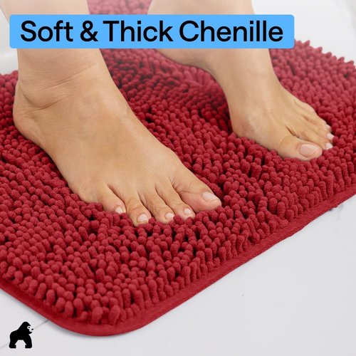 GORILLA GRIP Bath Rug Mat - Soft Absorbent Chenille | Quick Dry Microfiber, 30x20, Red