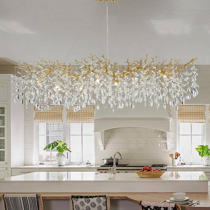TMAFON Modern Gold Crystal Chandeliers Chandeliers - L63 inch Rectangular Golden Tree Branches Ceiling Pendant Light Fixtures, Luxury K9 Raindrop for Dining Room
