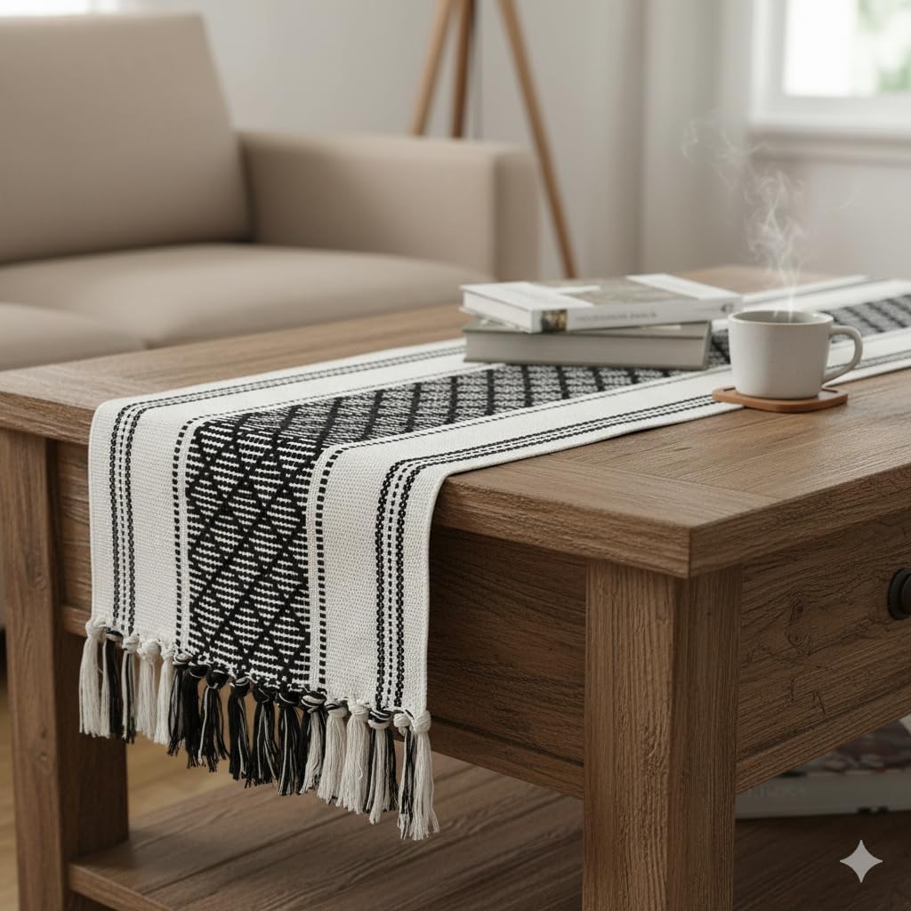 14 72 Inches, Boho Table Runner with Tassel x Black & Cream Cotton Woven Washable Dresser Scarf Top Cover for Furniture
