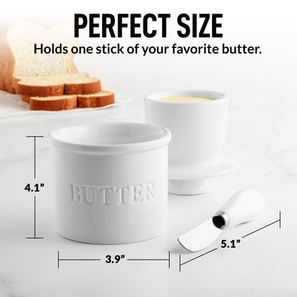 Zulay Kitchen Bell Shaped Butter Crock with Lid for Countertop with Water Line & Spreader Knife, Ceramic French Butter Dish Keeper For Fresh, Soft & Spreadable Butter - White
