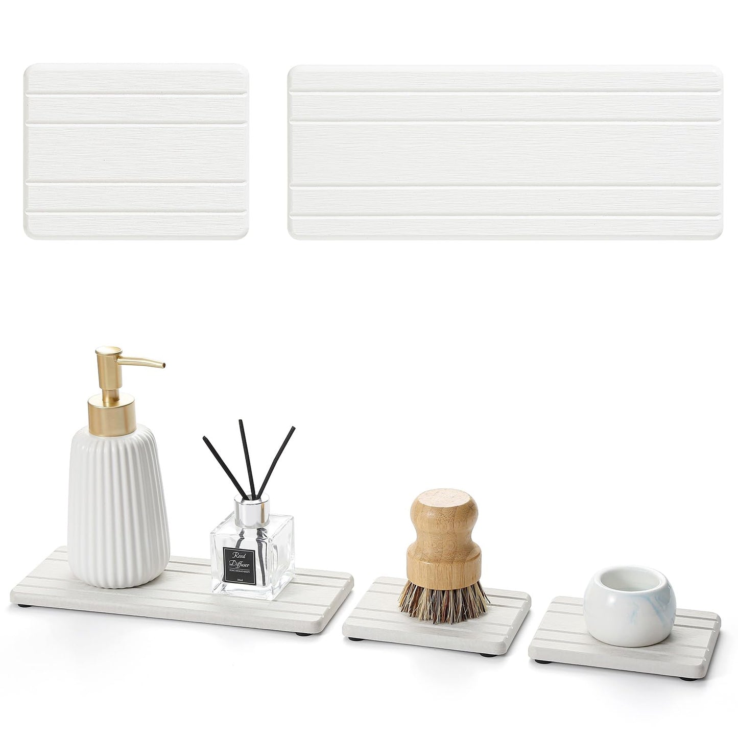 3 Pack Stone Drying Tray, Water Absorbing Stone Sink Mat for Kitchen & Bathroom Counter, Diatomite Soap Dish Vanity Caddy, Sponge Holder Organizer, White - 2pcs of 4.5"x 3.5" and 1pc of 9"x 3.5"