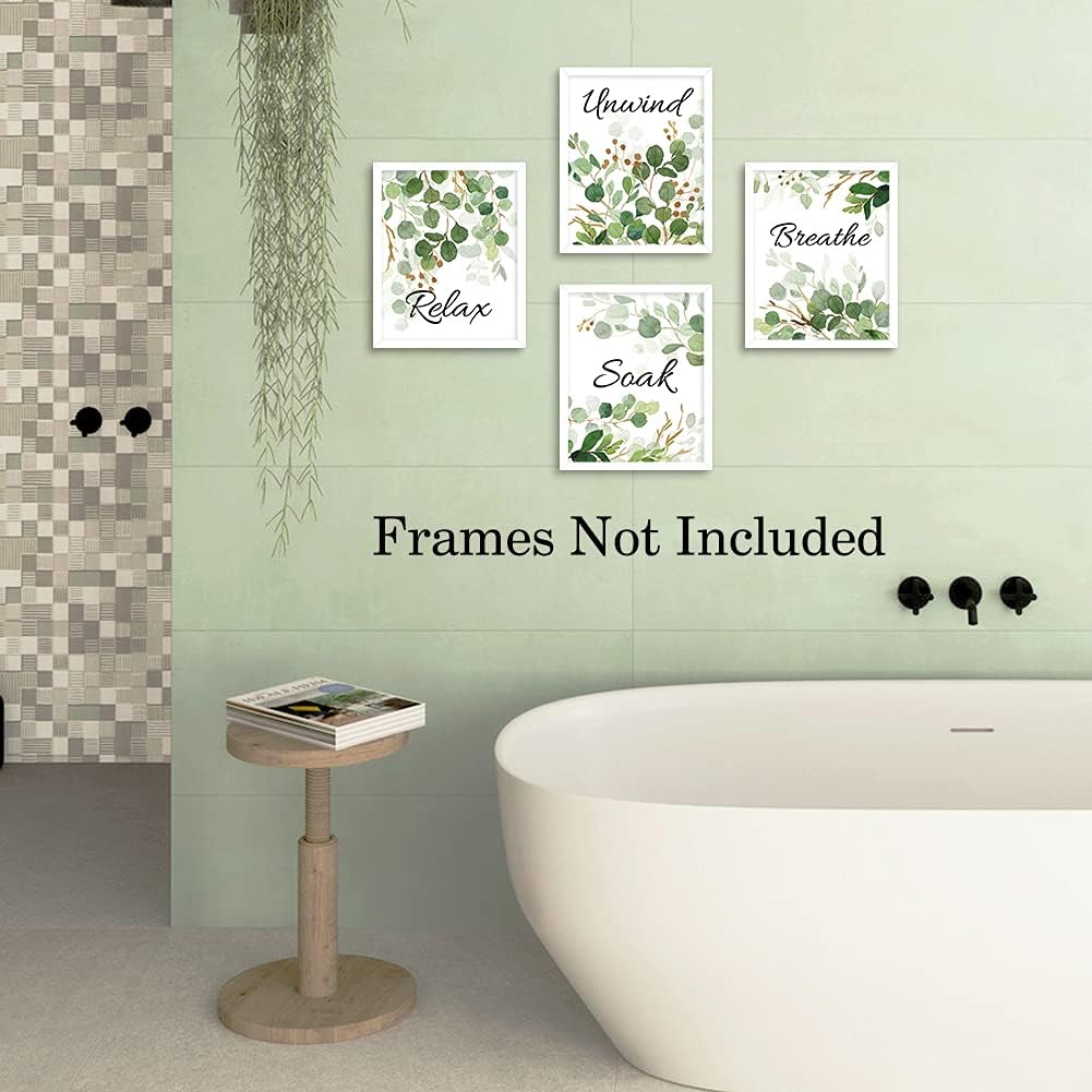 HLNIUC Green Leaf Art Print, Botanical Bathroom Quotes Wall Art Set of 4 (8X10inch, Unframed)