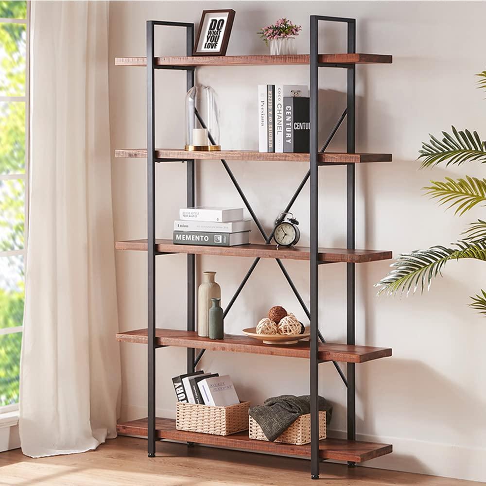 HSH 5 Tier Solid Wood Bookshelf, Natural Real Wood Bookcase, Industrial Rustic Vintage Etagere Bookshelf, Open Metal Farmhouse Solid Wooden Book Shelf, Distressed Brown