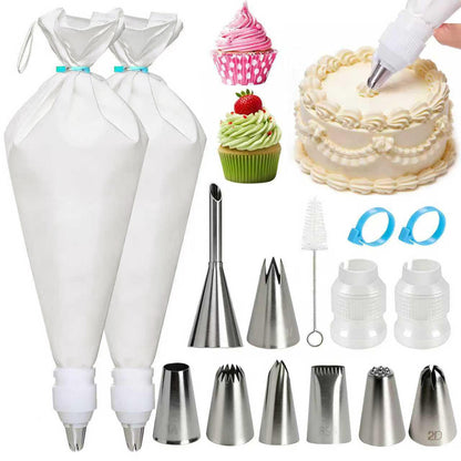 Reusable Cotton Piping Bags and Tips Set -Two 16inch Pastry Bags with 8pcs Large Stainless Icing Tips for Cake Decorating, Cupcakes, Cookies. Baking Kit for Home Bakers & Chefs