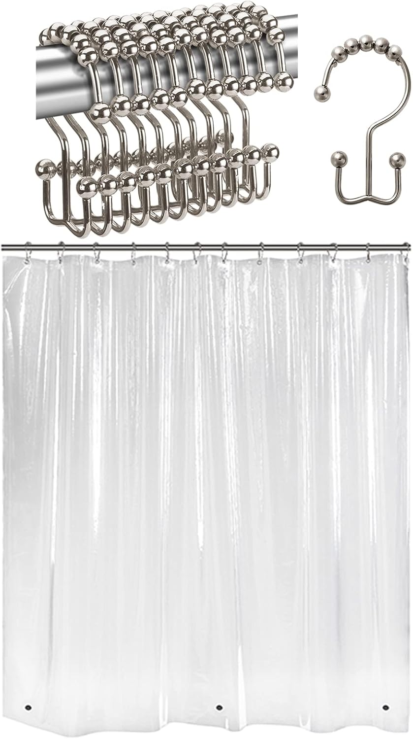 Titanker 12 Pcs Clear Shower Curtain Liner with 72x72 Shower Curtain Hooks