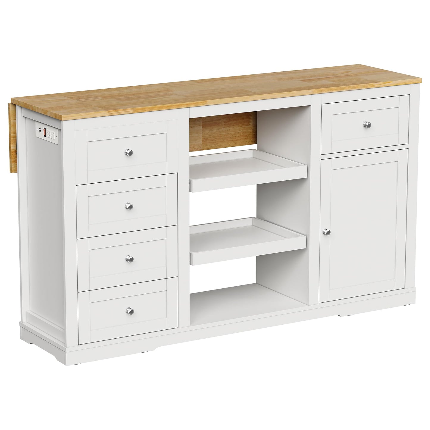 RoyalCraft 59'' Kitchen Island with Storage and Drop Leaf, Kitchen Island Table, Coffee Station Cabinet with Solid Rubber Wood Top, Pull-Out Trays, Drawers, Adjustable Shelves, Power Outlet, White