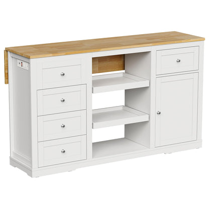 RoyalCraft 59'' Kitchen Island with Storage and Drop Leaf, Kitchen Island Table, Coffee Station Cabinet with Solid Rubber Wood Top, Pull-Out Trays, Drawers, Adjustable Shelves, Power Outlet, White