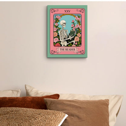The Reader Tarot Card Wall Art, Funny Skeleton Wallpaper Artwork, Floral Framed Canvas Prints Whimsical Decor, Gothic Theme Prints for Living Room Entryway Bedroom Book Shelf 15x11.4 inch