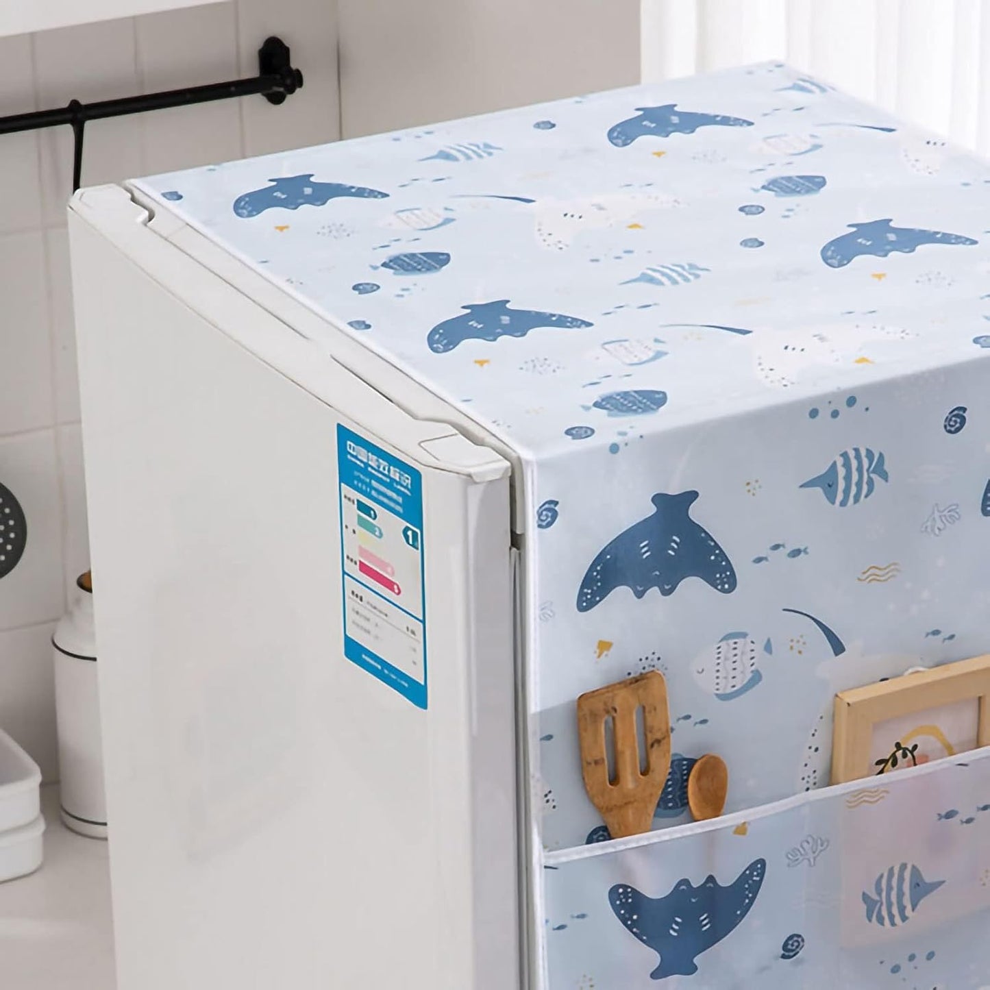 PEVA Refrigerator Dust-Proof Cover, Waterproof Top Cover with Storage Pockets for Home and Kitchen