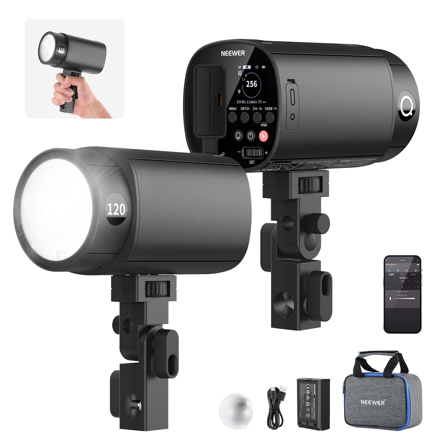 NEEWER 120Ws 2.4G TTL Outdoor Strobe Flash, Compatible with Godox, 1/8000s HSS Portable Studio Monolight with Modeling Light /3000mAh Battery/420 Flashes/1.5s Recycle for Photography Photoshoots, Q120