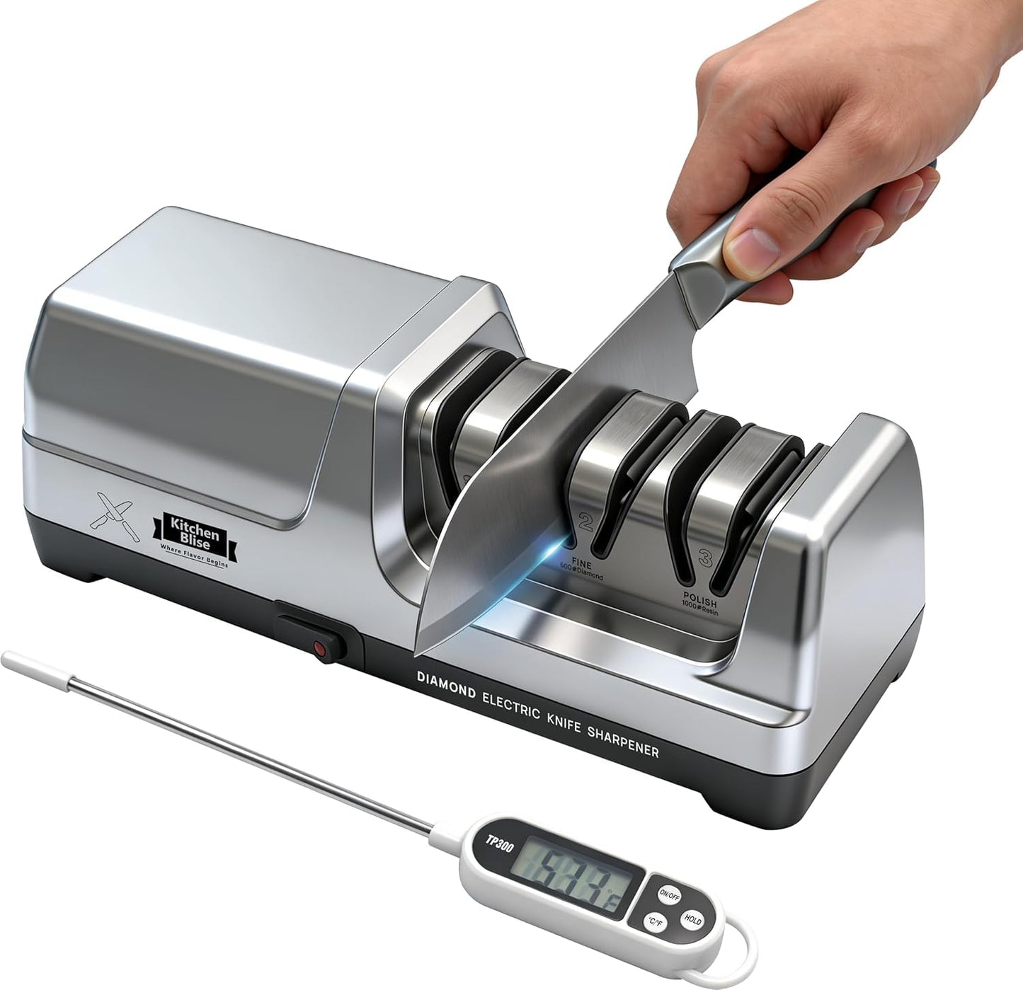 KITCHEN BLISE Electric Knife Sharpener for Kitchen—Fast Sharpening to Restore and Polish Chef Straight and Serrated Knives with 3 Stages & 20° Angle System with Metal Dust Box