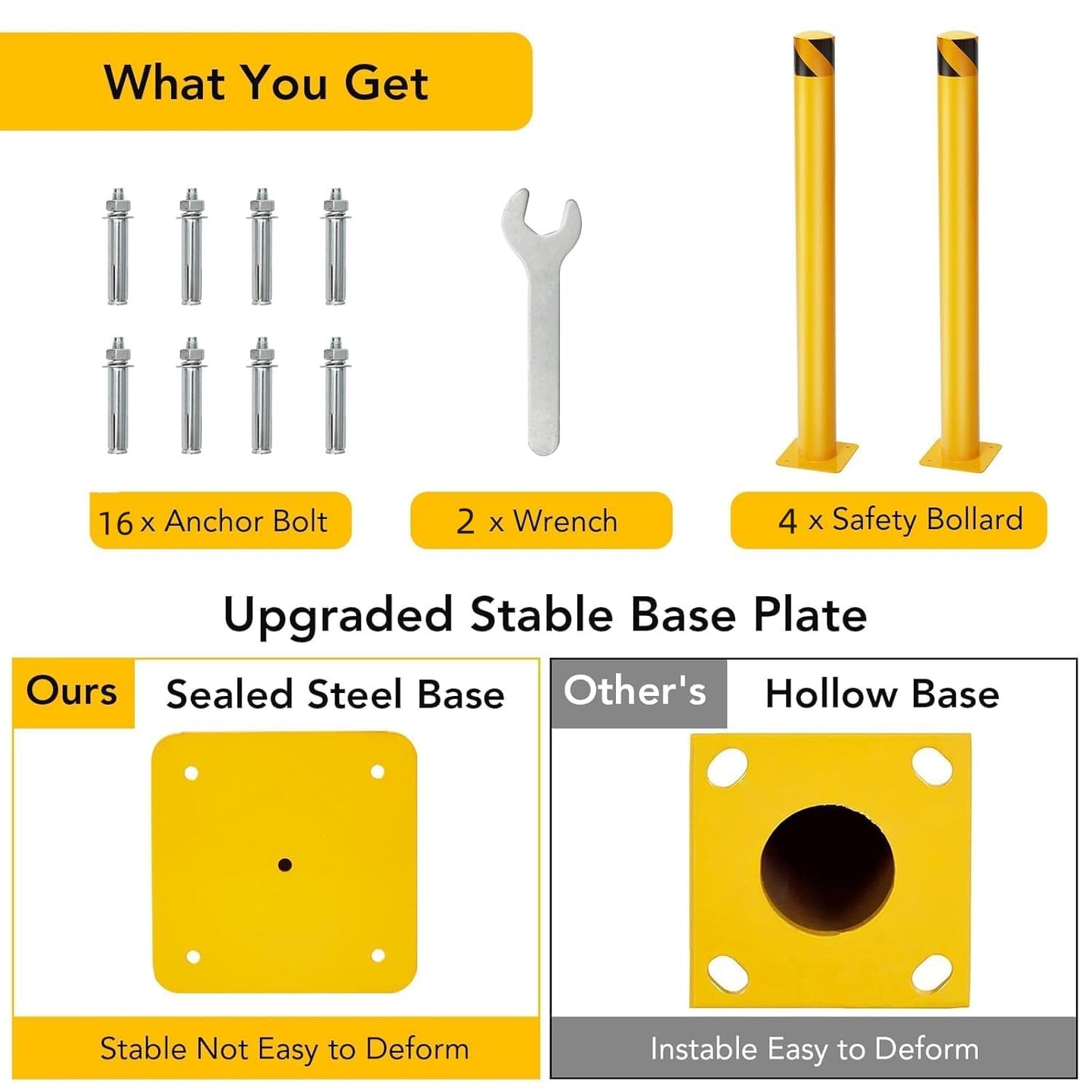 4-Pack 36 Inch Steel Safety Bollards, 4.5 Inch Diameter Parking Bollard Post with 16 Anchor Bolts, Yellow Safety Steel Bollard Post for Driveway Barrier, Traffic Control & Storefront Protection