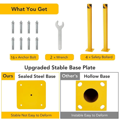 4-Pack 48 Inch Steel Safety Bollards, 4.5 Inch Diameter Parking Bollard Post with 16 Anchor Bolts, Yellow Safety Steel Bollard Post for Driveway Barrier, Traffic Control & Storefront Protection