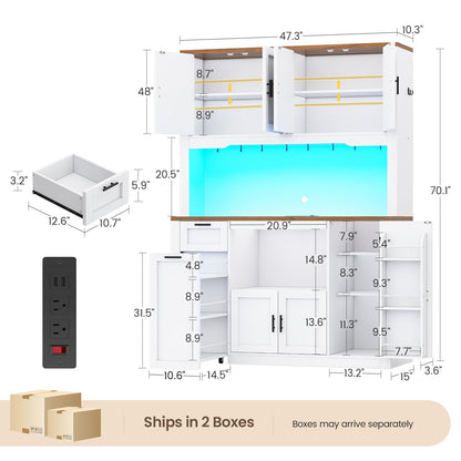Itaar 71" Pantry Cabinet with Charging Station and LED Light, Kitchen Pantry Cabinet with Microwave Stand, 47.2" Wide Kitchen Storage Cabinets with Storage Cart 3 Tier for Dining Room, White