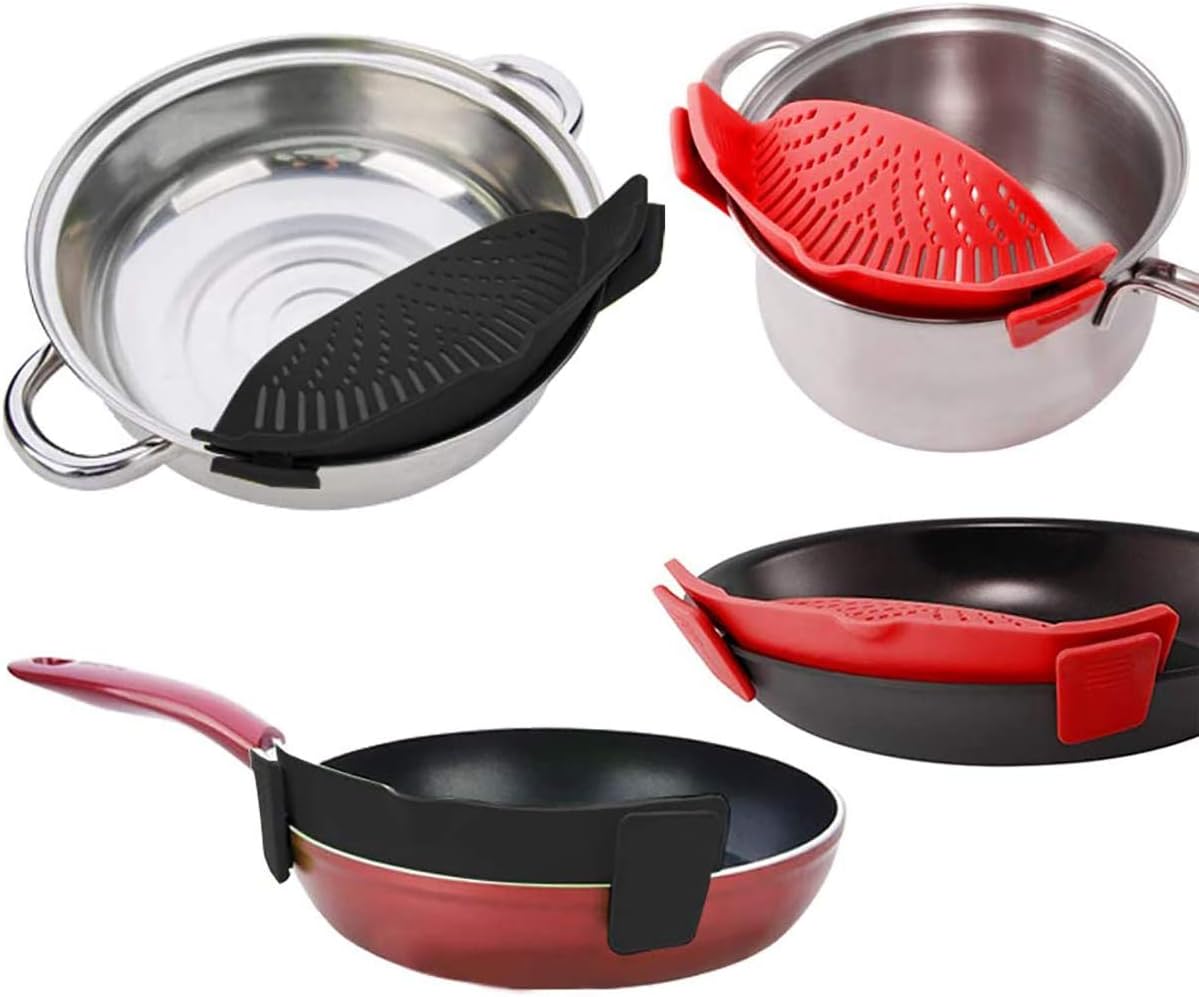 Snap Strainer, Clip-on Heat Resistant Silicone Colander for Pots, Hands-free Pour Spout for Pasta, Vegetables