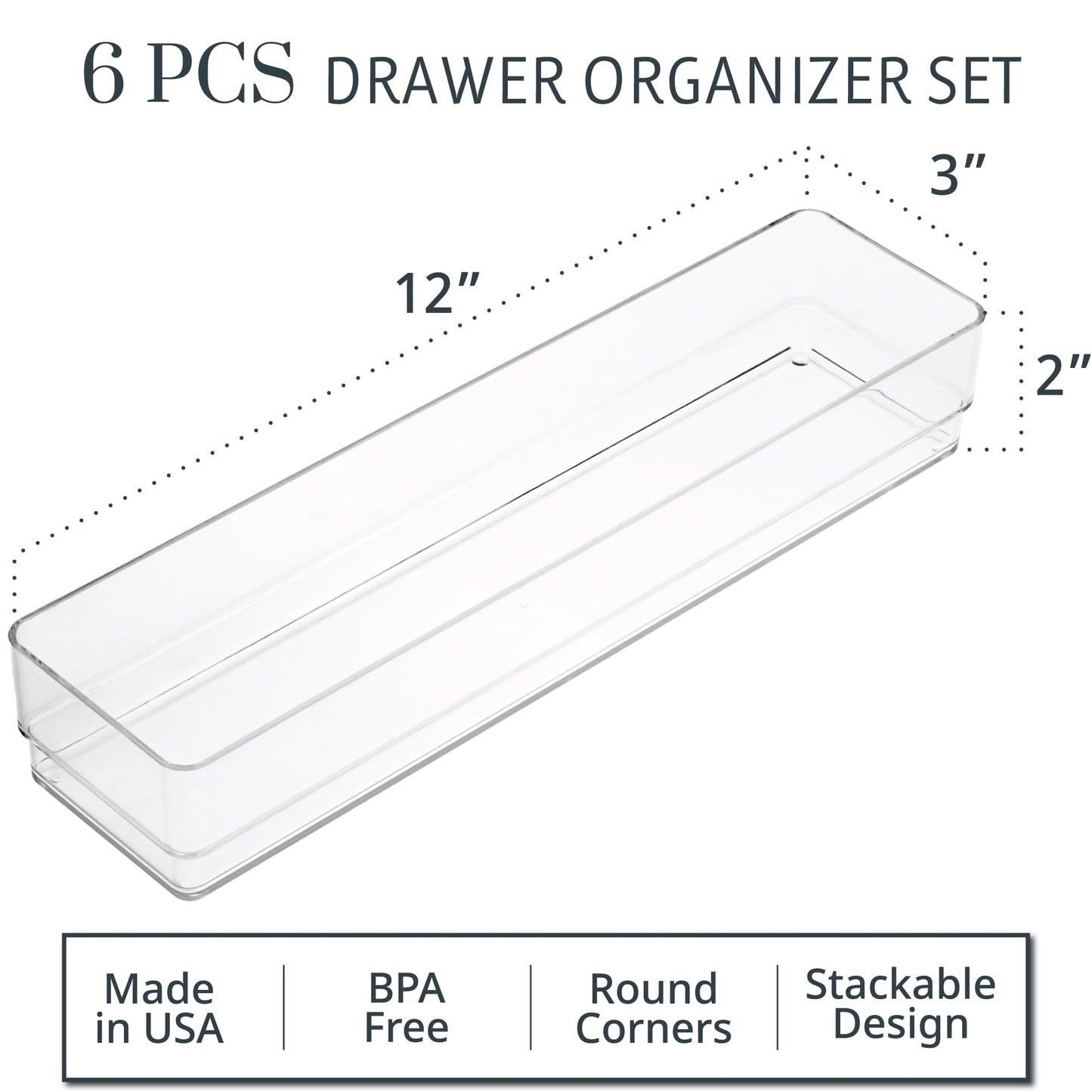STORi SimpleSort 6-Piece Stackable Clear Drawer Organizer Set | 12" x 3" x 2" Rectangle Trays | Narrow Makeup Vanity Storage Bins and Office Desk Drawer Dividers | Made in USA