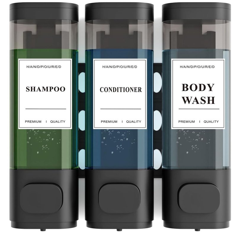 Shampoo and Conditioner Dispenser – Wall-Mounted Shower Soap Dispenser, No-Drill Installation, Lockable, 900 ml Capacity,for Bathroom & Hotel or Airbnb (Black, 3-Pack)