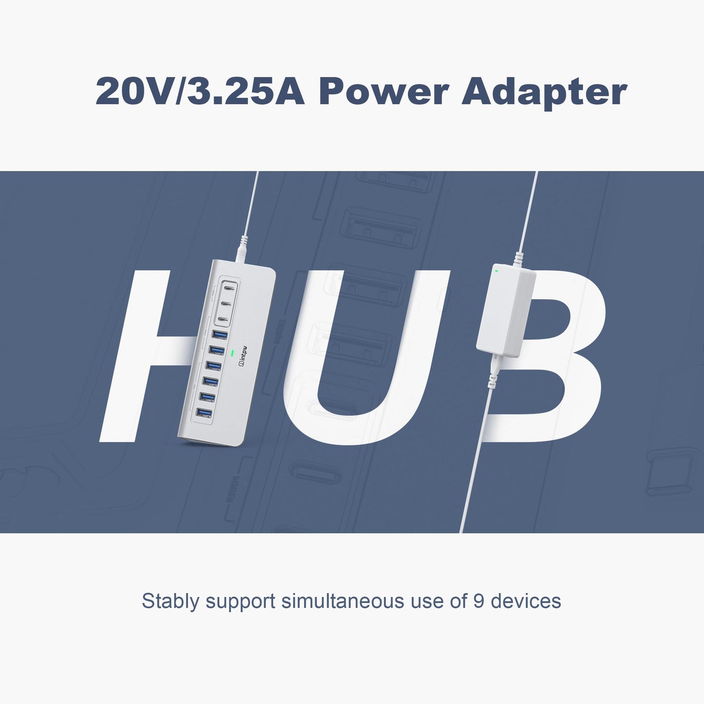Powered USB Hub 10Gbps, intpw 9-Port USB 3.2 Hub, USB C Hub with USB A/USB C 3.2, 4 USB 3.0, 2 PD 45W Charging Ports, 65W Power Adapter and 3.3FT Cable, Aluminum USB Hub for Laptop, iPhone 16/15, PC