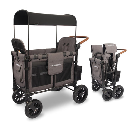 WonderFold W2 Luxe Stroller Wagon - Collapsible Stroller Wagon with Steel Frame - Adjustable Canopy & Push Handle - XL All-Terrain Wheels - for Babies, Toddlers & Kids - 2 Seater - Gray
